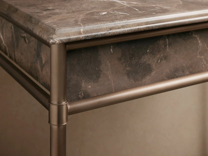 Chelsea Single Washstand: White oval undermount sink set in a brown veined marble countertop with three faucet holes.