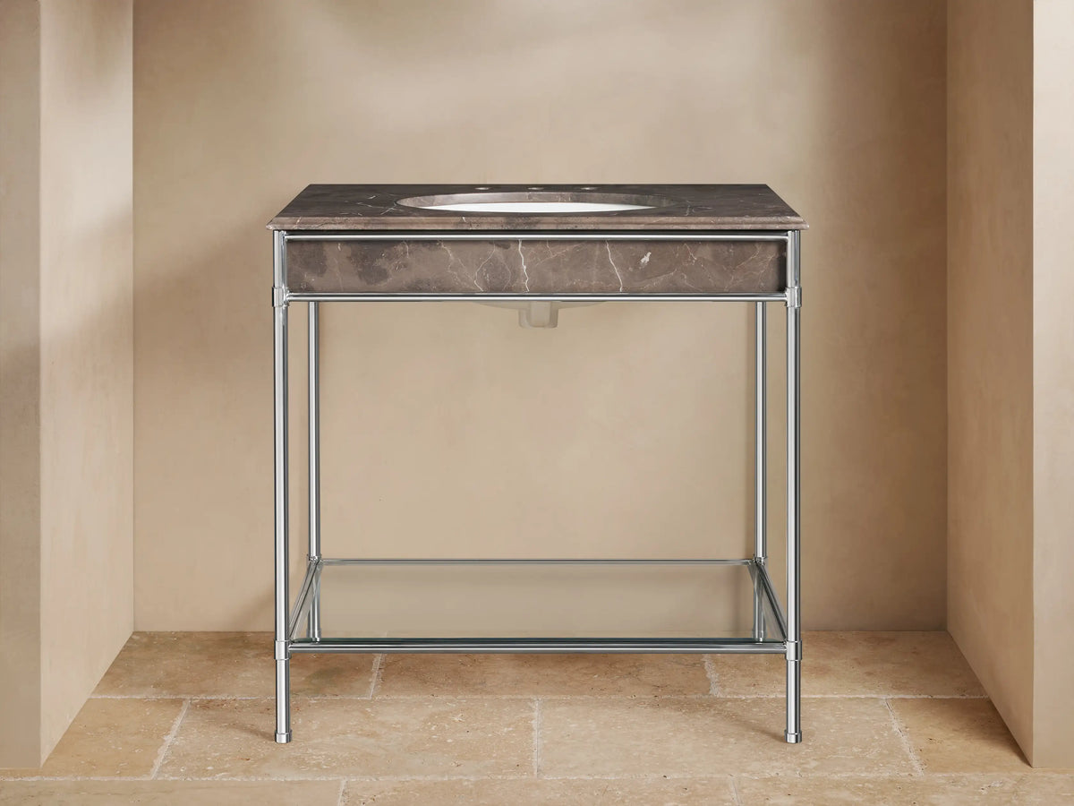 Chelsea Single Washstand with polished nickel frame, Brown Espresso marble top, white oval sink, and glass shelf.