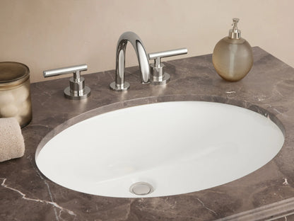 Chelsea Single Washstand: Polished nickel frame, dark brown marble top with white oval sink, clear glass lower shelf.