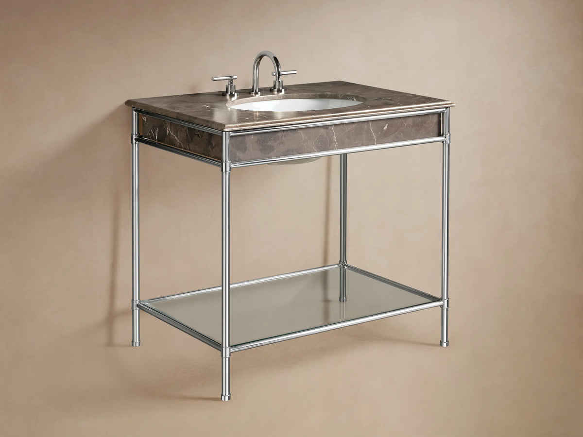Chelsea Single Washstand, close-up of dark marble top with white veins, polished nickel frame, glass shelf & beige towels.