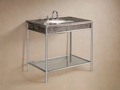Chelsea Single Washstand, close-up of dark marble top with white veins, polished nickel frame, glass shelf & beige towels.