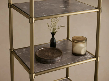 Chelsea Tall Etagere with antique brass finish, featuring five brown espresso marble stone shelves, against a neutral wall.