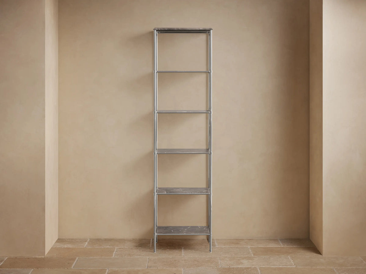 Chelsea Tall Etagere with polished nickel frame, brown espresso marble top, and unique veining details on a light background.