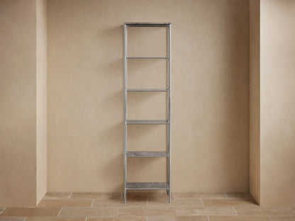 Chelsea Tall Etagere with polished nickel frame, brown espresso marble top, and unique veining details on a light background.