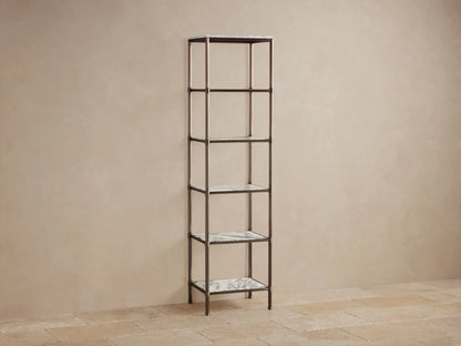 Chelsea Tall Etagere: Antique Bronze frame, 5 white veined marble shelves displaying a vase, jars, pitcher, and folded towels.