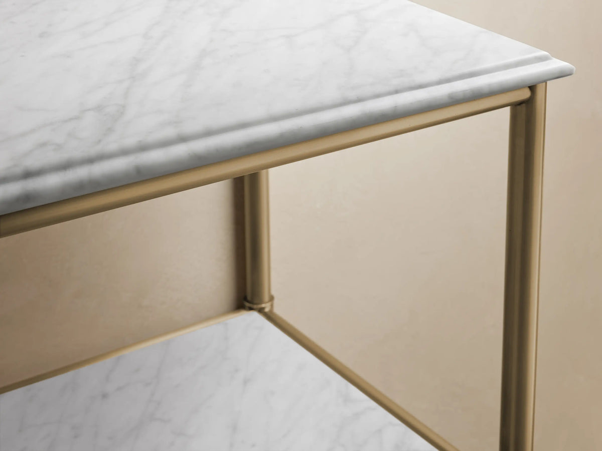 Chelsea Tall Etagere with antique brass finish, features three marble stone tops in a vertical arrangement against a beige background.