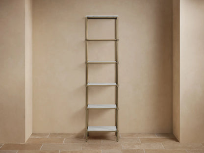 Chelsea Tall Etagere with marble tops, showing two white stone surfaces supported by antique brass finish metal frame.