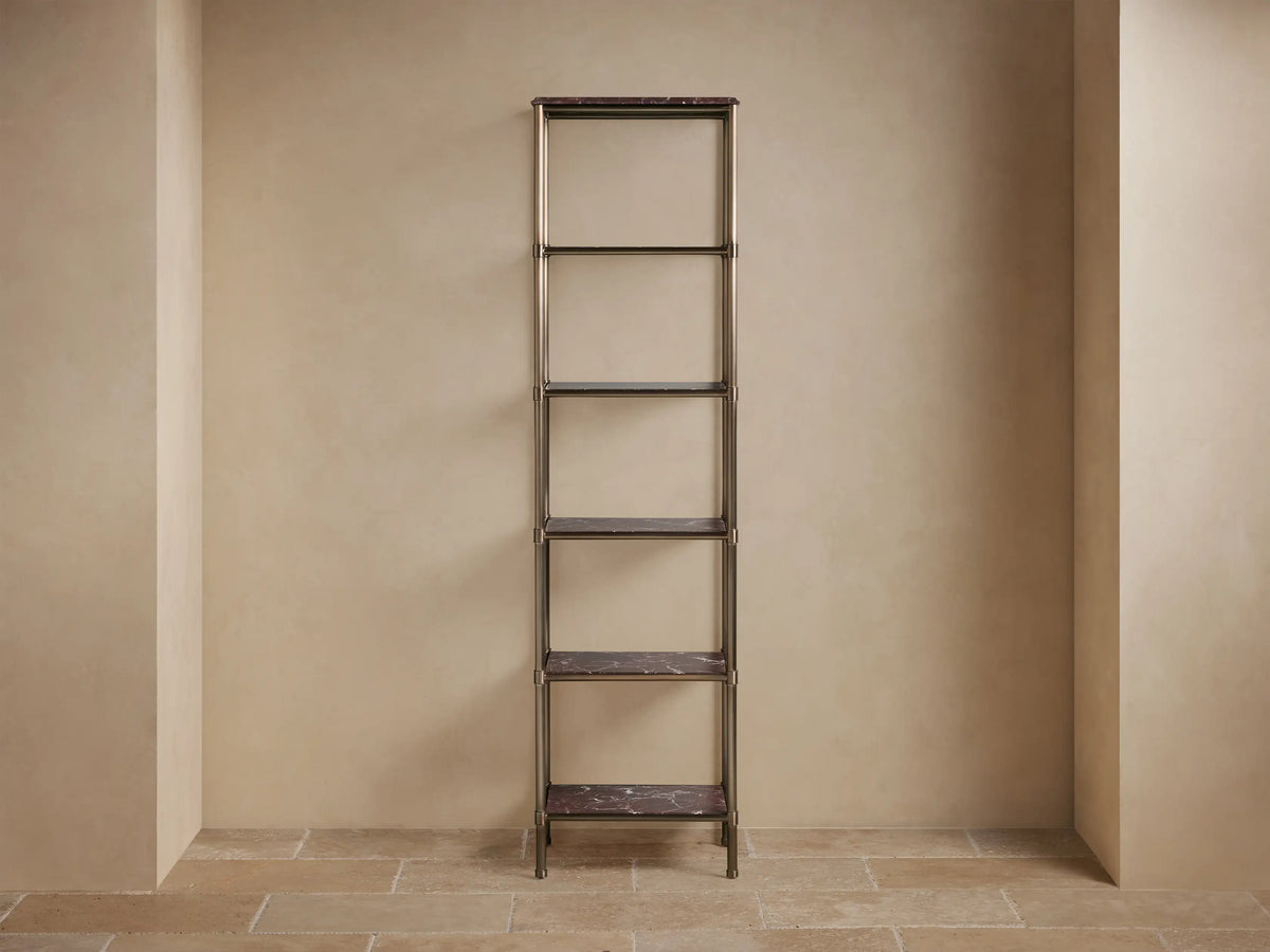 Chelsea Tall Etagere, antique bronze frame, 5 dark brown/red marble shelves, holding decorative items & towels.