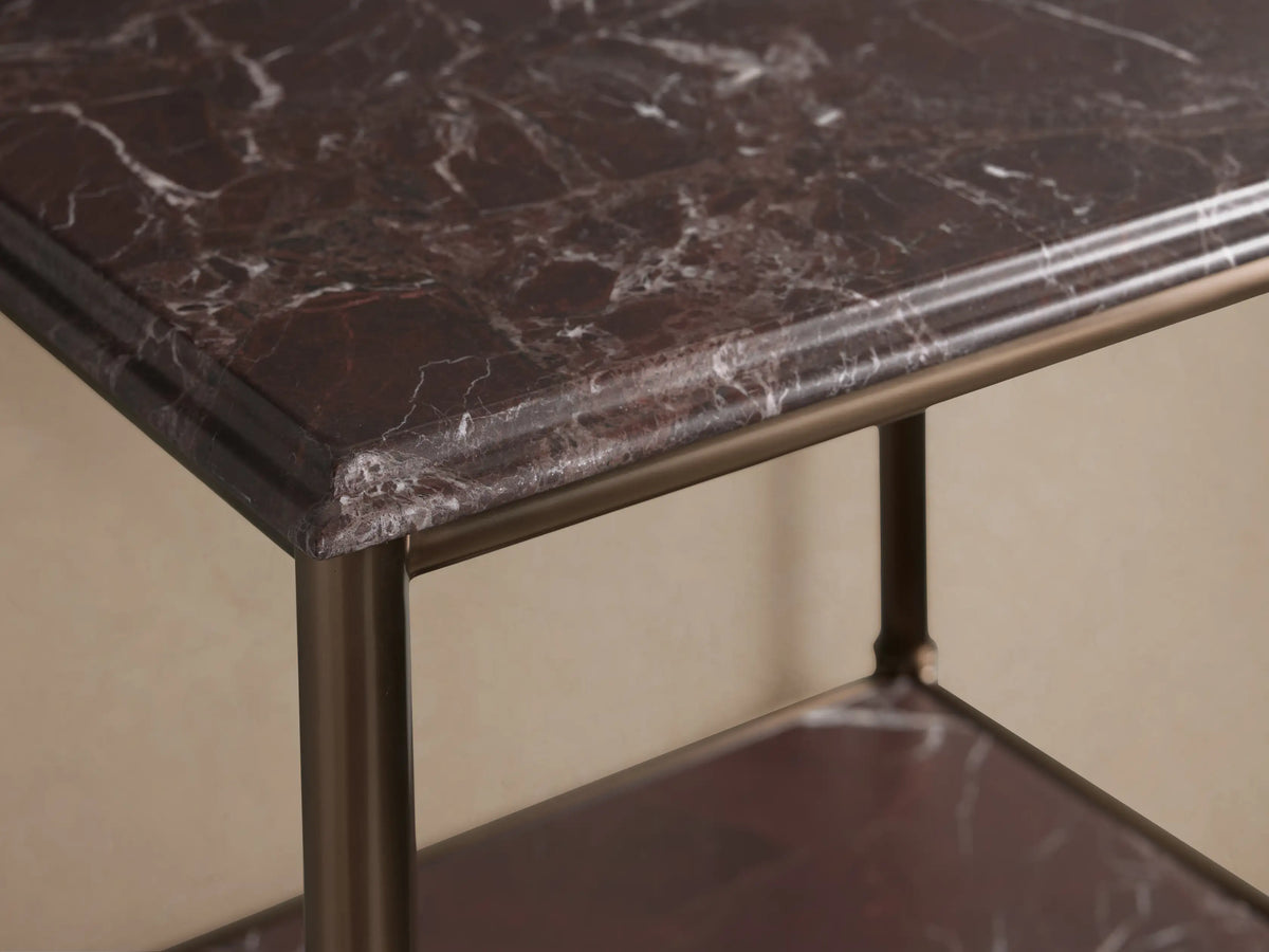 Chelsea Tall Etagere, dark bronze frame & dark red veined marble shelves. Vase, marble container & soap.