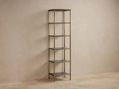 Close-up of Chelsea Tall Etagere. Dark brown Brown Espresso marble top with white veining, decorative edge, antique brass frame.