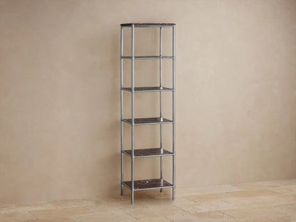 Chelsea Tall Etagere: Polished nickel frame with five dark brown marble shelves, styled with decor against a beige wall.