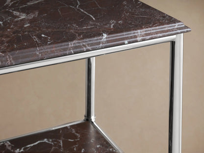 Chelsea Tall Etagere: polished nickel frame, Red Levanto marble shelves with a vase, plant, and cosmetic bottles.