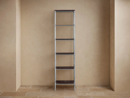 Chelsea Tall Etagere. Close-up of polished nickel frame with dark Red Levanto marble top and white veining.