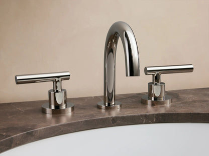 Crewe Smooth Faucet in polished nickel finish with curved spout and dual lever handles on a beige countertop.