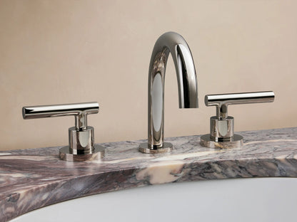 Polished nickel Crewe Smooth Faucet with a curved spout and two horizontal handles on a dark countertop, displaying sleek design.