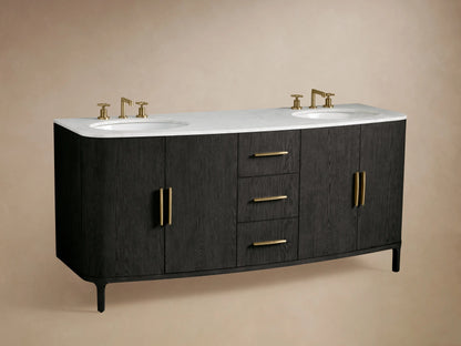 Danny Double Vanity: Close-up of open dark wood cabinet door with gold handle, curved edge, and beige towels inside.