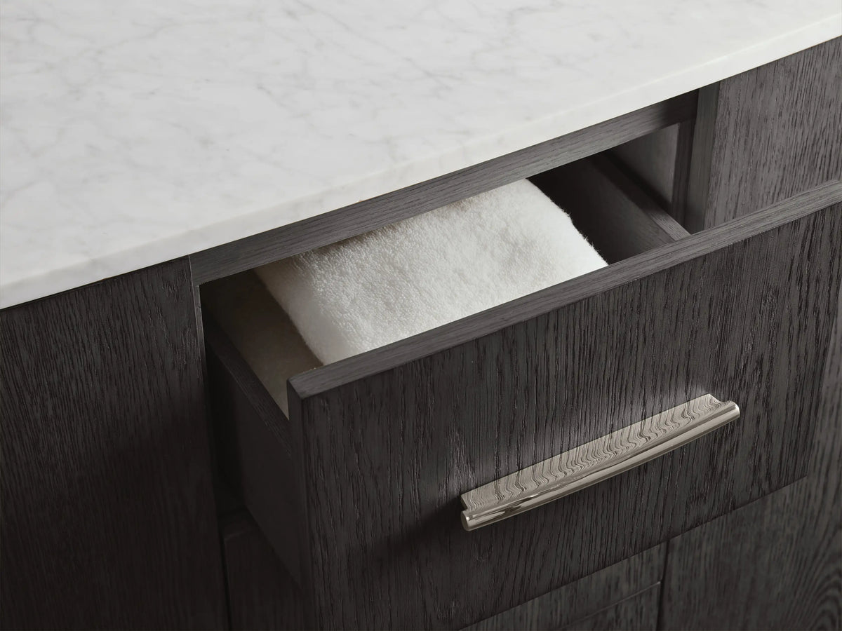 Oval ceramic undermount sink in Danny Double Vanity with Carrara marble countertop, polished nickel faucets, and black soap dish.