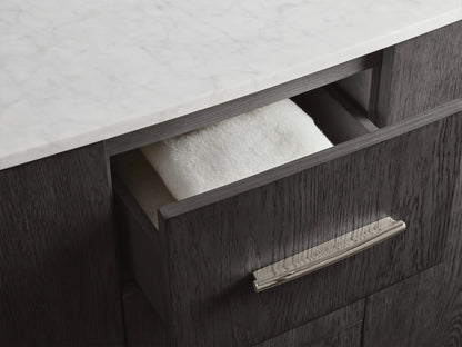 Oval ceramic undermount sink in Danny Double Vanity with Carrara marble countertop, polished nickel faucets, and black soap dish.
