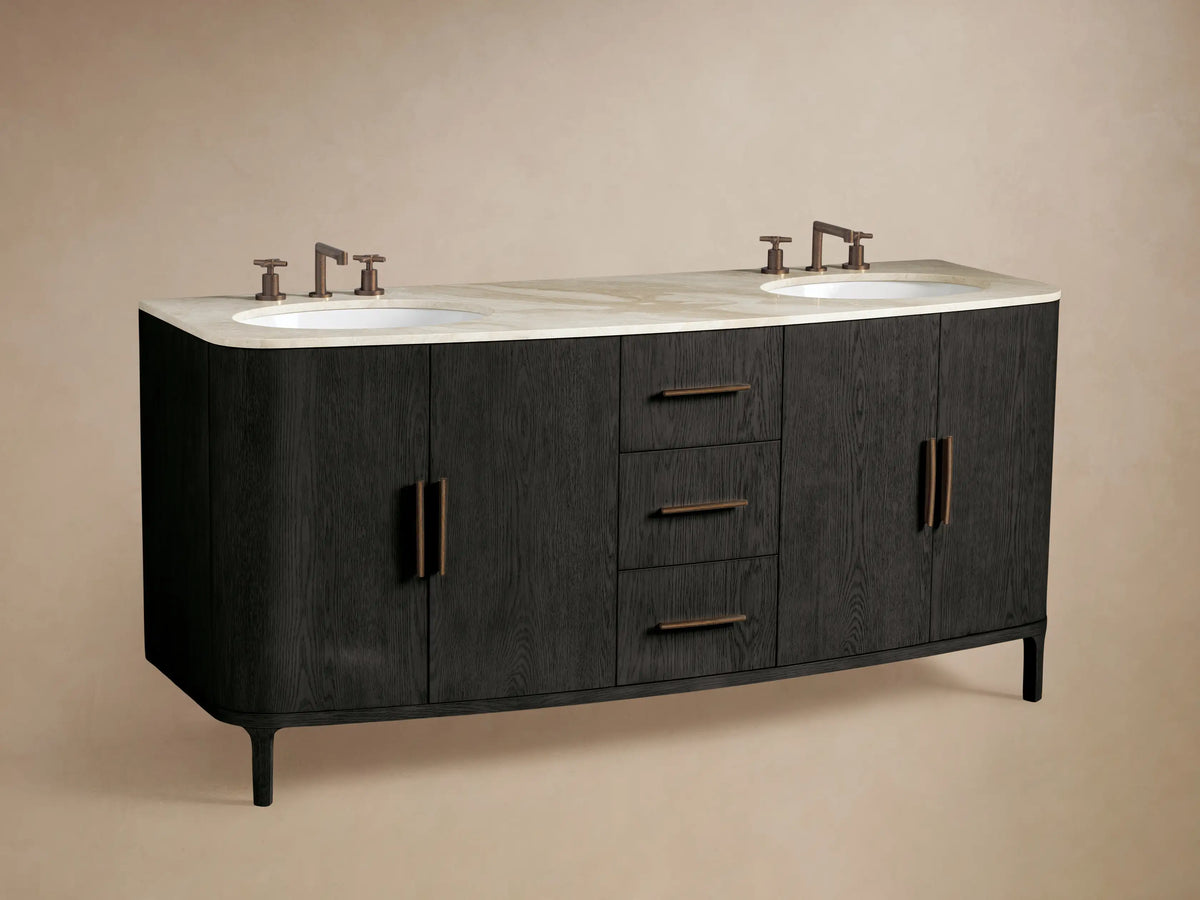 Close-up of Danny Double Vanity: black wood grain cabinet, light marble top. Bottom drawer open with rolled gray towels. Wood handles.