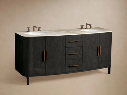 Close-up of Danny Double Vanity: black wood grain cabinet, light marble top. Bottom drawer open with rolled gray towels. Wood handles.