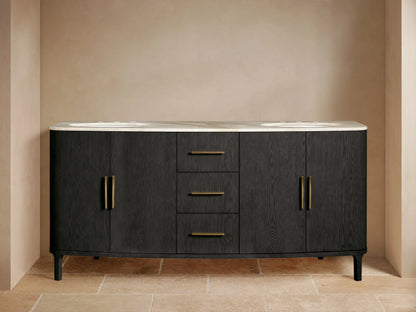 Danny Double Vanity: Dark charcoal oak double vanity with white marble top, brass hardware, left door open revealing towels.