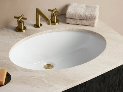 Dark wood curved Danny Double Vanity with white marble top, two sinks, 3 drawers, 4 doors & brass hardware.