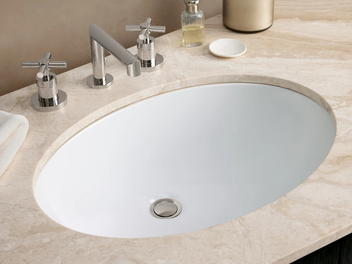 Danny Double Vanity: Dark wood grain double vanity with curved ends, white marble top, two sinks, 3 drawers, 4 doors & silver hardware.
