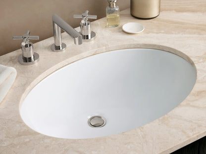 Danny Double Vanity: Dark wood grain double vanity with curved ends, white marble top, two sinks, 3 drawers, 4 doors & silver hardware.