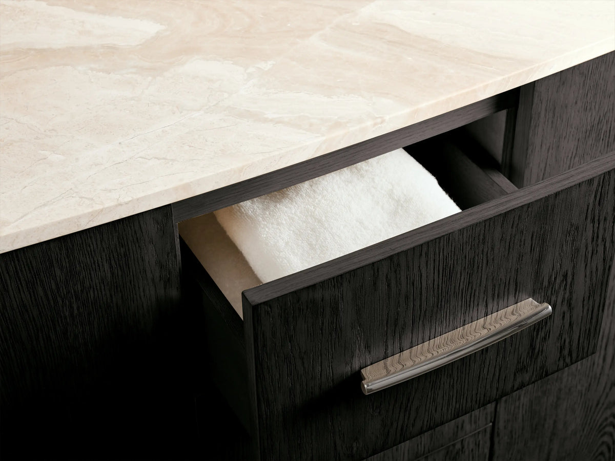 Danny Double Vanity: Oval white ceramic sink, polished nickel cross-handle faucet, and veined light beige marble counter.