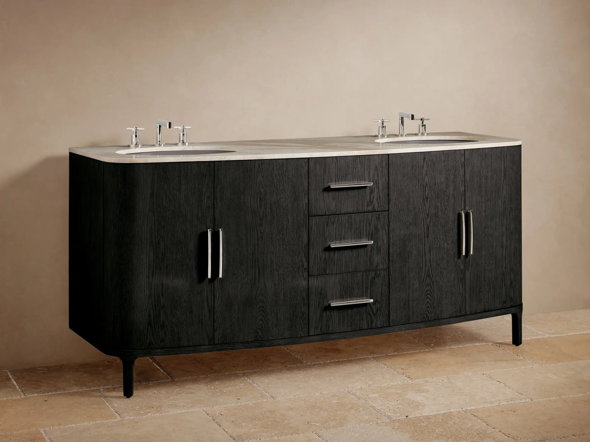 Close-up of Danny Double Vanity, dark charcoal wood grain, open cabinet with white towels, polished nickel handles.