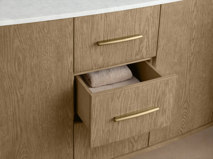 Open oak Danny Double Vanity cabinet showing adjustable shelf, soft-close hinge, and neatly folded towels inside.