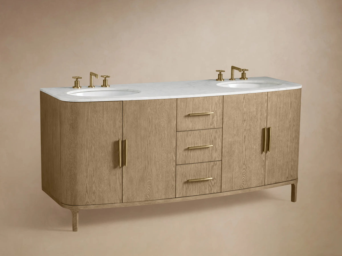 Danny Double Vanity featuring oak wood with an open drawer showcasing soft-close glides, gold hardware, and a towel inside.