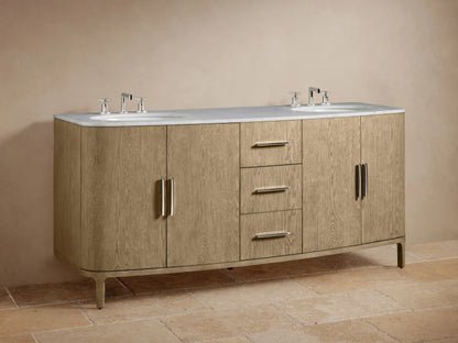 Danny Double Vanity made of oak wood with open drawer showing a white towel. Top features a white stone surface.