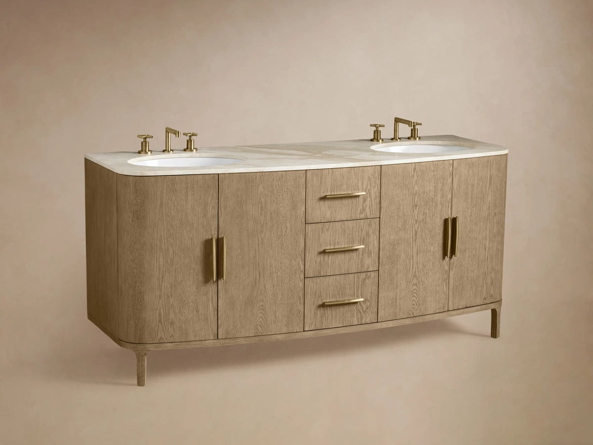 Danny Double Vanity made of oak wood with a marble countertop, showing an open drawer with brass handle, revealing folded towels inside.