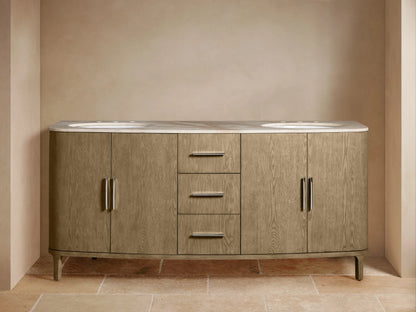 Open wooden drawer of the Danny Double Vanity reveals a soft white towel inside, below a cream marble countertop.