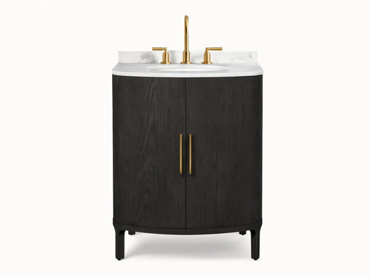 Danny Powder Vanity: dark oak, curved cabinet, white marble top, oval sink, brass faucet, two vertical brass door handles.