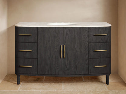 Danny Single Wide Vanity made of dark oak wood with two central doors and three drawers on each side, gold hardware, and white stone top.