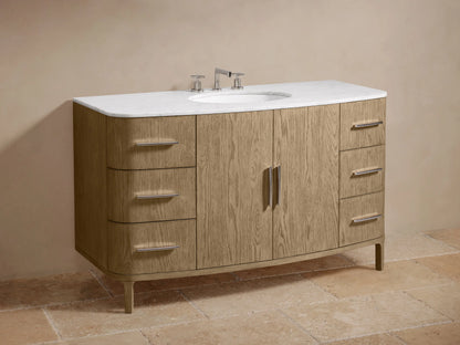Danny Single Wide Vanity with oak wood finish, white stone top, oval ceramic sink, curved legs, six drawers, and center doors.