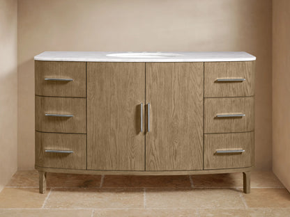 Danny Single Wide Vanity featuring oak wood finish with two open soft-close drawers, silver handles, and a visible folded towel.