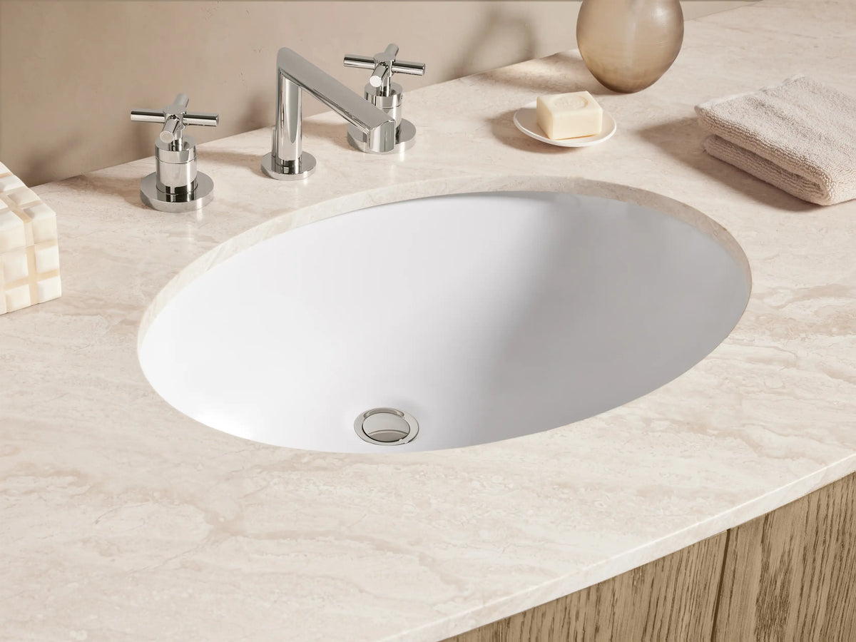 Danny Single Wide Vanity in oak wood with a stone top and oval sink. Features six drawers and center doors with silver handles.