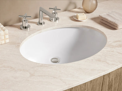 Danny Single Wide Vanity in oak wood with a stone top and oval sink. Features six drawers and center doors with silver handles.