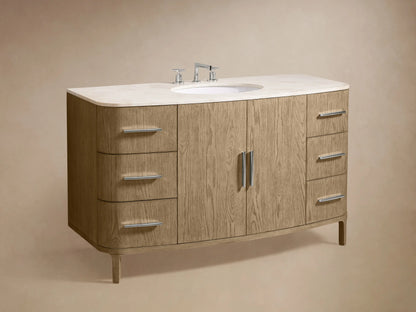 Danny Single Wide Vanity with open drawer, showing a towel inside. Oak wood finish, silver handles, marble countertop partly visible.