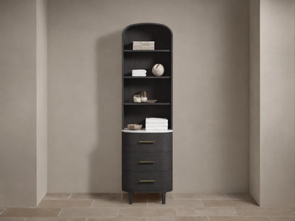 Tall, dark wood Danny Bath Cabinet with arched top, open shelves, white marble counter, and 3 curved drawers with brass pulls.