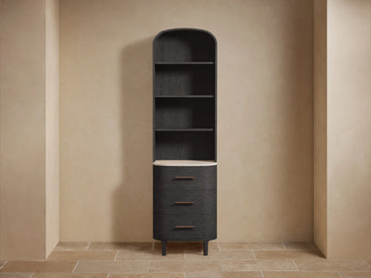 Danny Bath Cabinet: Dark gray wood with arched top, open shelves holding towels & decor, marble top, 3 curved drawers.