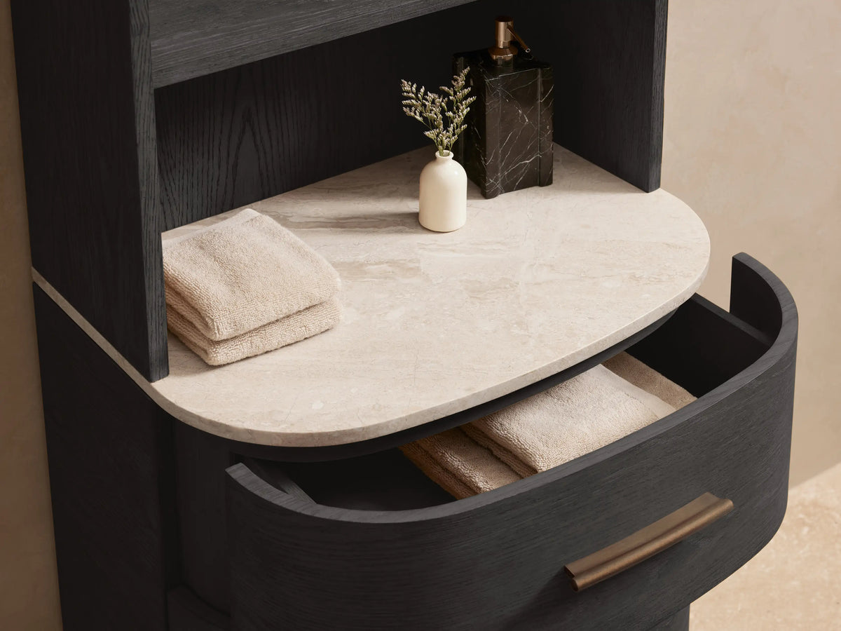 Dark oak Danny Bath Cabinet with arched top, 4 open shelves, light stone top, and 3 drawers with bronze pulls.