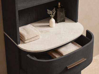 Dark oak Danny Bath Cabinet with arched top, 4 open shelves, light stone top, and 3 drawers with bronze pulls.