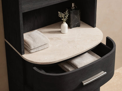 Tall Danny Bath Cabinet: dark gray wood with arched top, open shelves, light stone top, and 3 curved drawers.