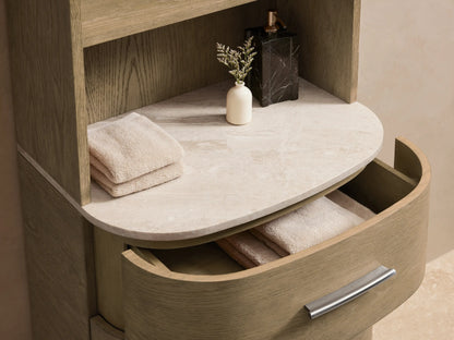 Danny Etagere in oak wood with a stone top, featuring four shelves and three drawers with polished nickel hardware.