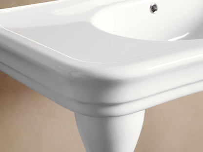 White glossy Eloise Single Washstand with an integrated oval sink, three pre-drilled faucet holes, and an overflow drain.