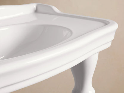 Close-up of glossy white Eloise Single Washstand, showing integrated sink basin, drain, and part of the pedestal base.